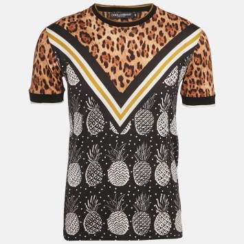 Pre Owned Dolce & Gabbana Multicolor/Brown Printed Cotton Crew Neck T-Shirt M