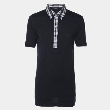 Pre Owned Dolce & Gabbana Navy Blue Cotton Plaid Trim Detail Polo T-Shirt XXL