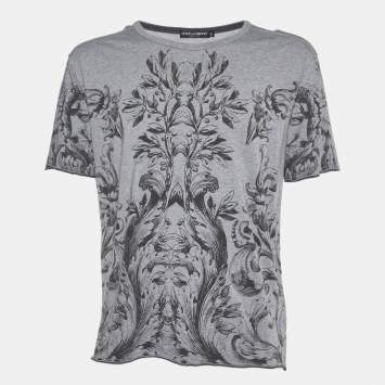 Pre Owned Dolce & Gabbana Grey Printed Viscose/Wool Crew Neck T-Shirt L