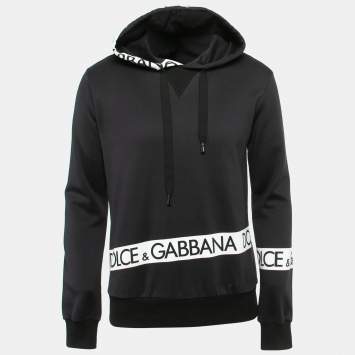 Pre Owned Dolce & Gabbana Black Logo Tape Print Cotton Hooded Sweatshirt S
