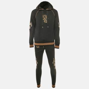 Dolce & Gabbana Black Leopard Embroidery Cotton Knit Hoodie and Pants Set S