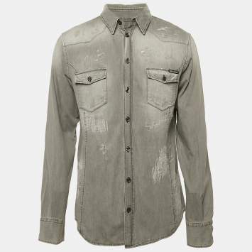 Pre Owned Dolce & Gabbana Grey Distressed Denim Gold Shirt XXL