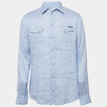 Pre Owned Dolce & Gabbana Blue Striped Linen Blend Slim Fit Shirt XL