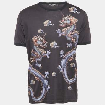 Pre Owned Dolce & Gabbana Blue Dragon Print Jersey Crewneck T-Shirt XXL