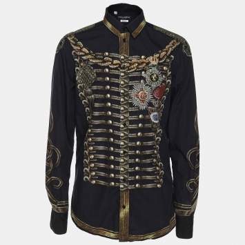 Pre Owned Dolce & Gabbana Navy Blue Printed Cotton Button Front Gold Shirt M