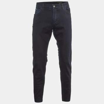 Pre Owned Dolce & Gabbana Dark Blue Denim Floral Detail Slim Fit Jeans L/Waist 35.5"