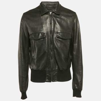 Pre Owned Dolce & Gabbana Black Rib Kit Trim Leather Zip-Up Jacket XL