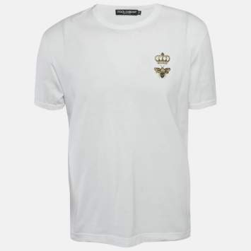 Pre Owned Dolce & Gabbana White Crown & Bee Embroidered Cotton T-Shirt L