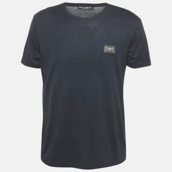 Pre Owned Dolce & Gabbana Navy Blue Cotton Logo Plaque Crew Neck T-Shirt L