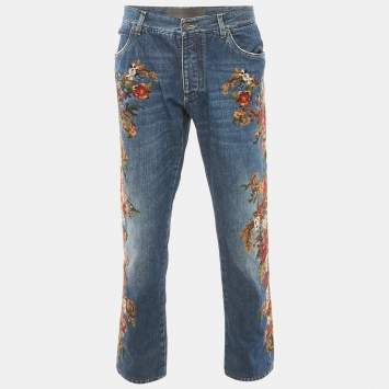 Dolce & Gabbana Blue Floral-Embroidered Denim 16 Classic Jeans XXL Waist 36"