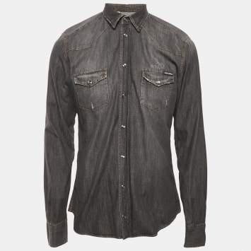 Pre Owned Dolce & Gabbana Black Distressed Denim Button Front Shirt L