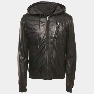 Dolce & Gabbana Black Leather Hooded Jacket XL