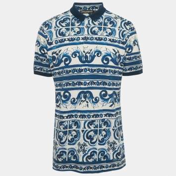 Pre Owned Dolce & Gabbana Blue Majolica Print Cotton Pique Polo T-Shirt XXL
