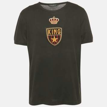 Pre Owned Dolce & Gabbana Black Crown King Applique Cotton Crewneck T-Shirt XXL