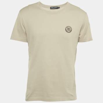 Pre Owned Dolce & Gabbana Beige Logo Embroidered Jersey T-Shirt M