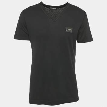 Pre Owned Dolce & Gabbana Black Cotton Logo Plaque Detail V-Neck T-Shirt M