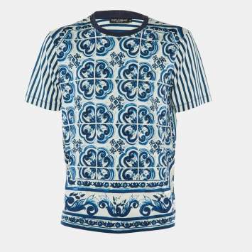 Pre Owned Dolce & Gabbana White Stripe Majolica Print Cotton Crewneck T-Shirt XL