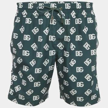 Pre Owned Dolce & Gabbana Green Logo Print Synthetic Swim Shorts L