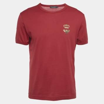 Pre Owned Dolce & Gabbana Red Bee Embroidery Cotton Crew Neck T-Shirt M