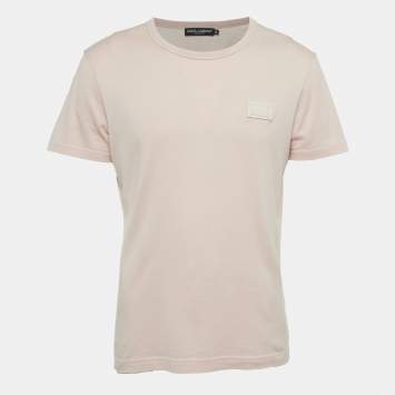 Pre Owned Dolce & Gabbana Pink/Peach Logo Plaque Detail Cotton Crew Neck T-Shirt M