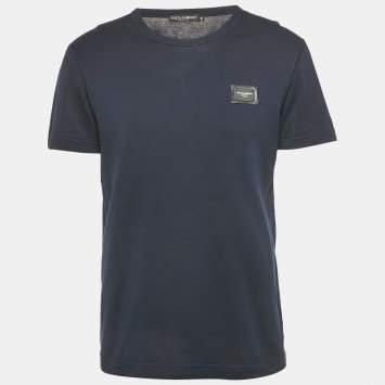 Pre Owned Dolce & Gabbana Navy Blue Logo Plaque Detail Cotton Crew Neck T-Shirt M