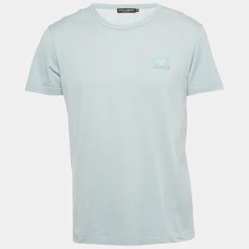 Pre Owned Dolce & Gabbana Light Blue Logo Plaque Detail Cotton Crew Neck T-Shirt M
