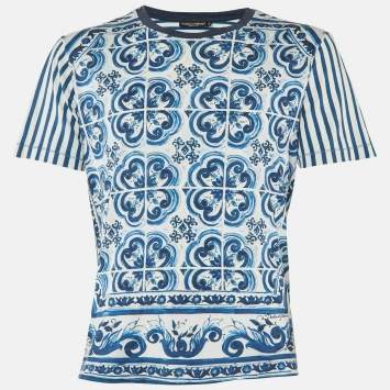 Pre Owned Dolce & Gabbana Blue Striped Majolica Print Cotton Crew Neck T-Shirt S
