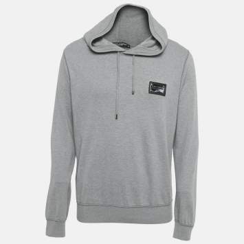 Pre Owned Dolce & Gabbana Grey Cotton Logo Plaque Detail Hoodie L