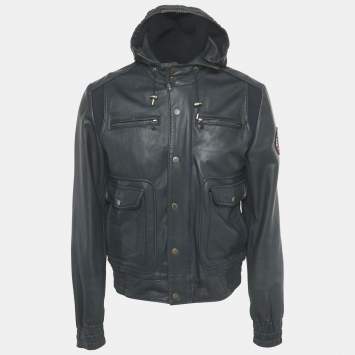 Pre Owned Dolce & Gabbana Navy Blue Applique Detail Leather Hooded Jacket L