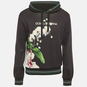 Pre Owned Dolce & Gabbana Black Orchid Logo Print Cotton Hooded Sweatshirt XS