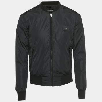 Pre Owned Dolce & Gabbana Black Nylon Logo Plaque Bomber Jacket XS