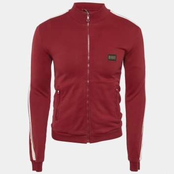 Pre Owned Dolce & Gabbana Red Cotton Logo Applique Zip -Up Jacket XS 