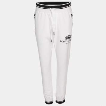 Pre Owned Dolce & Gabbana White Jersey Logo Print Jogger Pants L