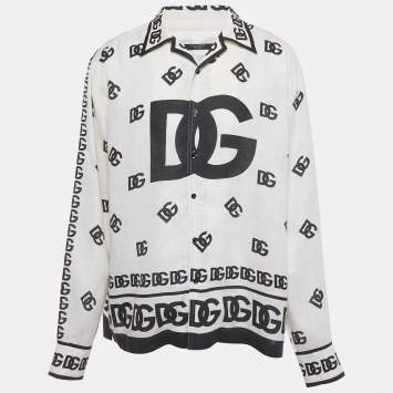 Pre Owned Dolce & Gabbana Off White Logo Print Linen Long Sleeve Shirt XS 