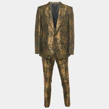 Pre Owned Dolce & Gabbana Black /Gold Jacquard Blazer & Pants Suit Set XXL 