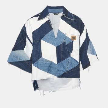 Pre Owned Dolce & Gabbana Blue Denim Patch Work Oversized Shirt S