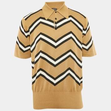 Pre Owned Dolce & Gabbana Beige Chevron Jersey Polo T-Shirt XXL