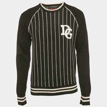 مملوكة مسبقًا Dolce & Gabbana Black and White Striped Wool Knit The King Patch Detail Sweater M