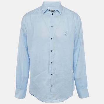 مملوكة مسبقًا Dolce & Gabbana Blue Linen Logo Embroidered Shirt XXL
