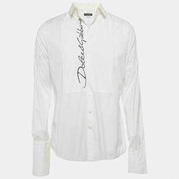 Pre Owned قميص دولتشي أند غابانا قطن أبيض مطبوع بشعار بأكمام طويلة مقاس كبير - لارج