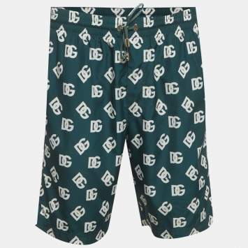 Pre Owned Dolce & Gabbana Green DG Monogram Print Synthetic Swim Shorts L