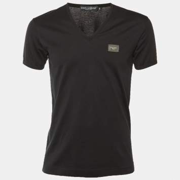 Pre Owned Dolce & Gabbana Black Cotton Knit V-Neck T-Shirt M