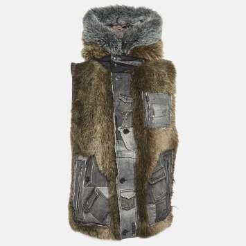 Pre Owned Dolce & Gabbana Grey Fur Trim Denim Vest M