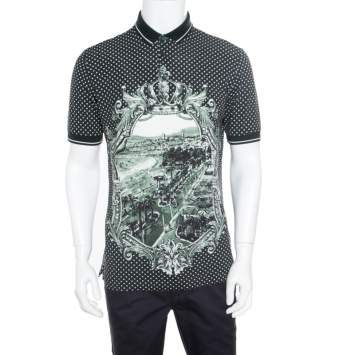Pre Owned Dolce & Gabbana Green and White Printed Polka Dotted Knit Polo T-Shirt M