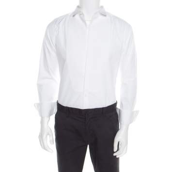 Pre Owned Dolce & Gabbana Gold Optic White Cotton Textured Bib Detail Tuxedo Shirt M
