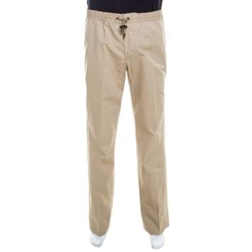 Pre Owned Dolce & Gabbana Beige Cotton Drawstring Waist Straight Fit Trousers L 