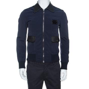 Pre Owned Dolce & Gabbana Navy Blue Leather Trim Bomber Jacket XS