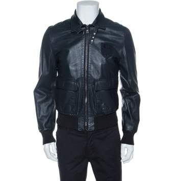 Pre Owned Dolce & Gabbana Charcoal Grey Leather Crest Detail Jacket M