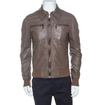 Pre Owned Dolce & Gabbana Brown Leather Zip Front Bomber Jacket M