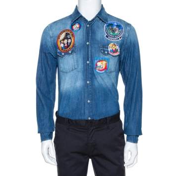 Pre Owned Dolce & Gabbana Gold Indigo Denim Customised Patch Shirt M